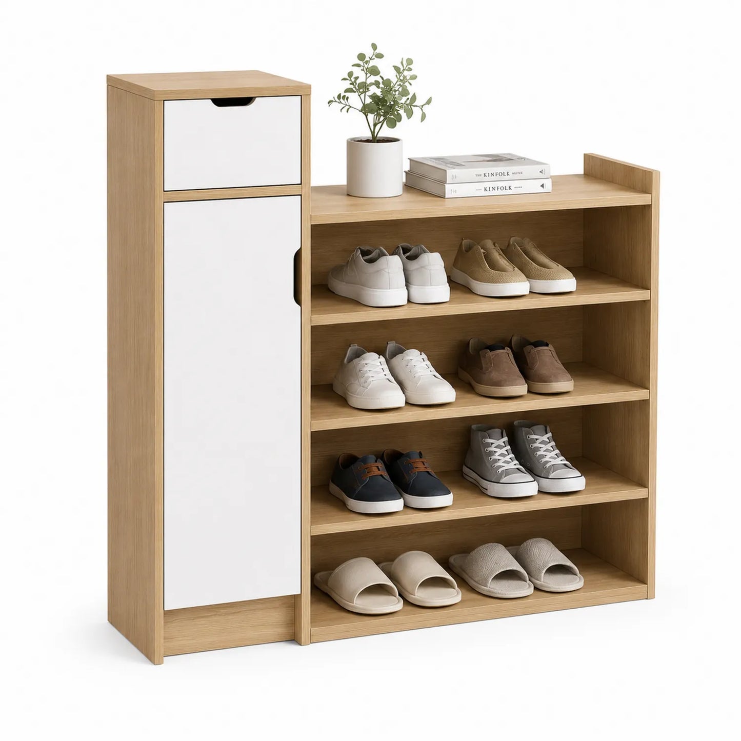 Schuhregal mit Schublade und Tür MDF Eiche/Weiß 80x95x30cm