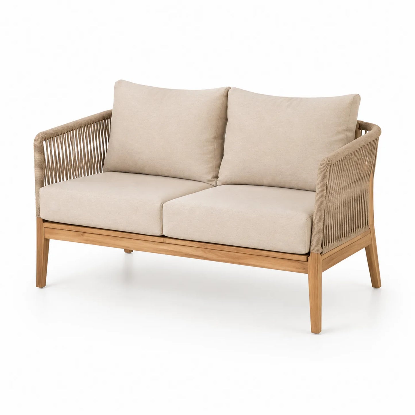 2-Sitzer Sofa Teakholz Beige mit Seilgeflecht