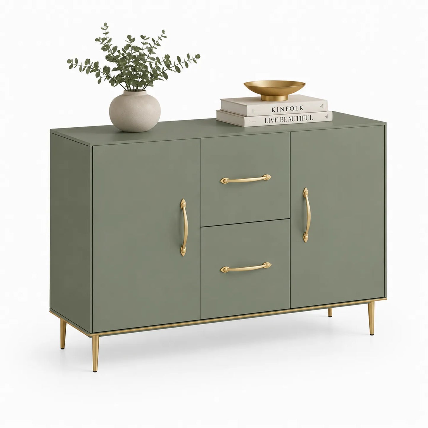 Sideboard mit zwei Türen und zwei Schubladen MDF Olivgrün Metall