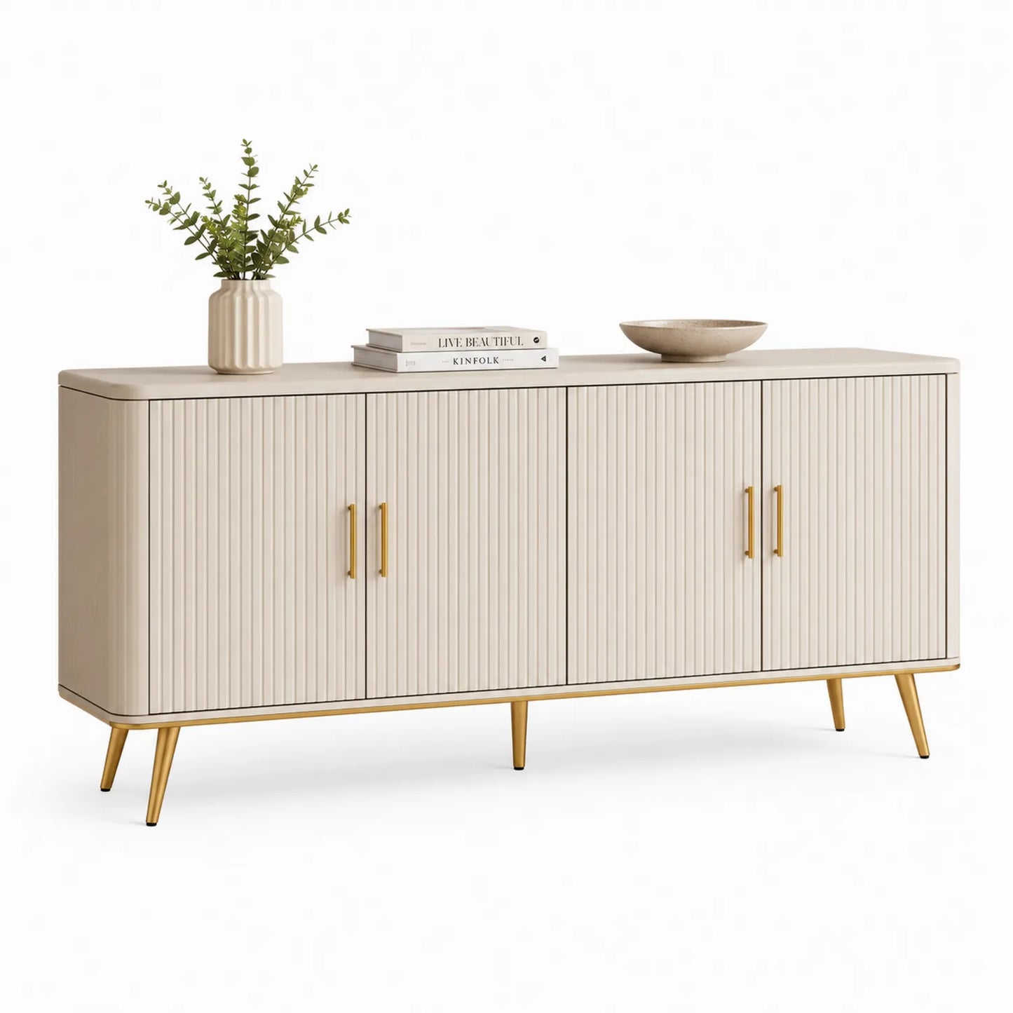 Sideboard mit 4 Türen, Beige, Holzwerkstoff und Metall, 160 cm