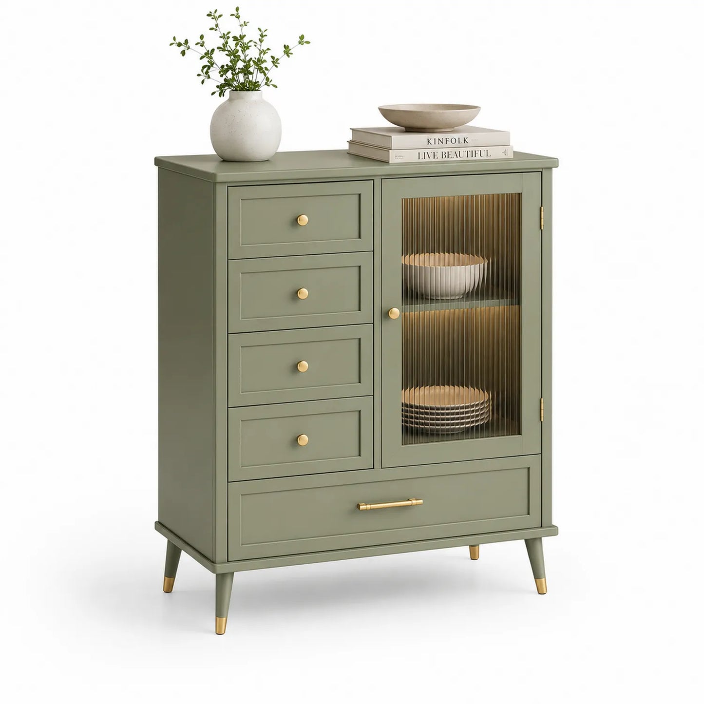 Grünes Holz-Sideboard mit Schubladen und Glastür