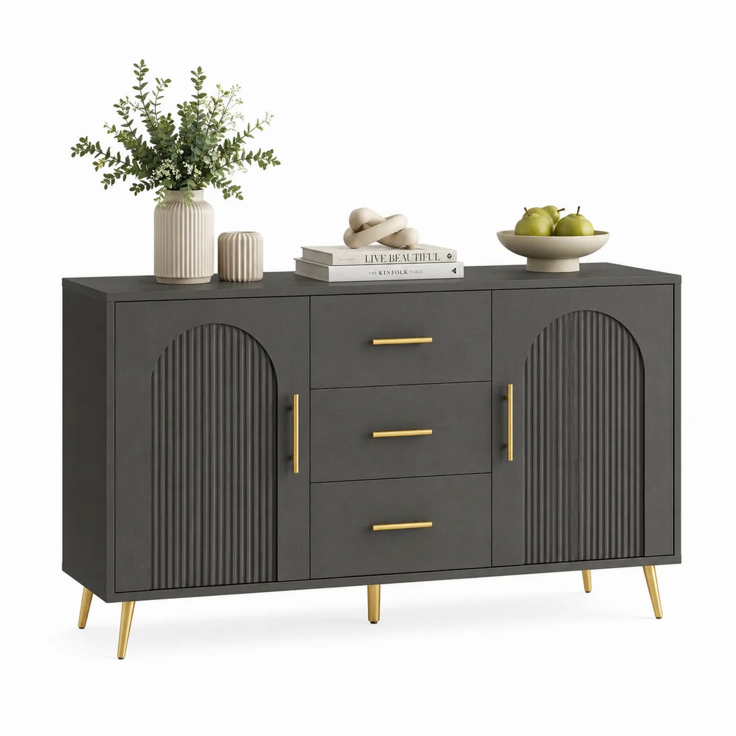 Sideboard Holz mit Metallgriffen Grau/Gold