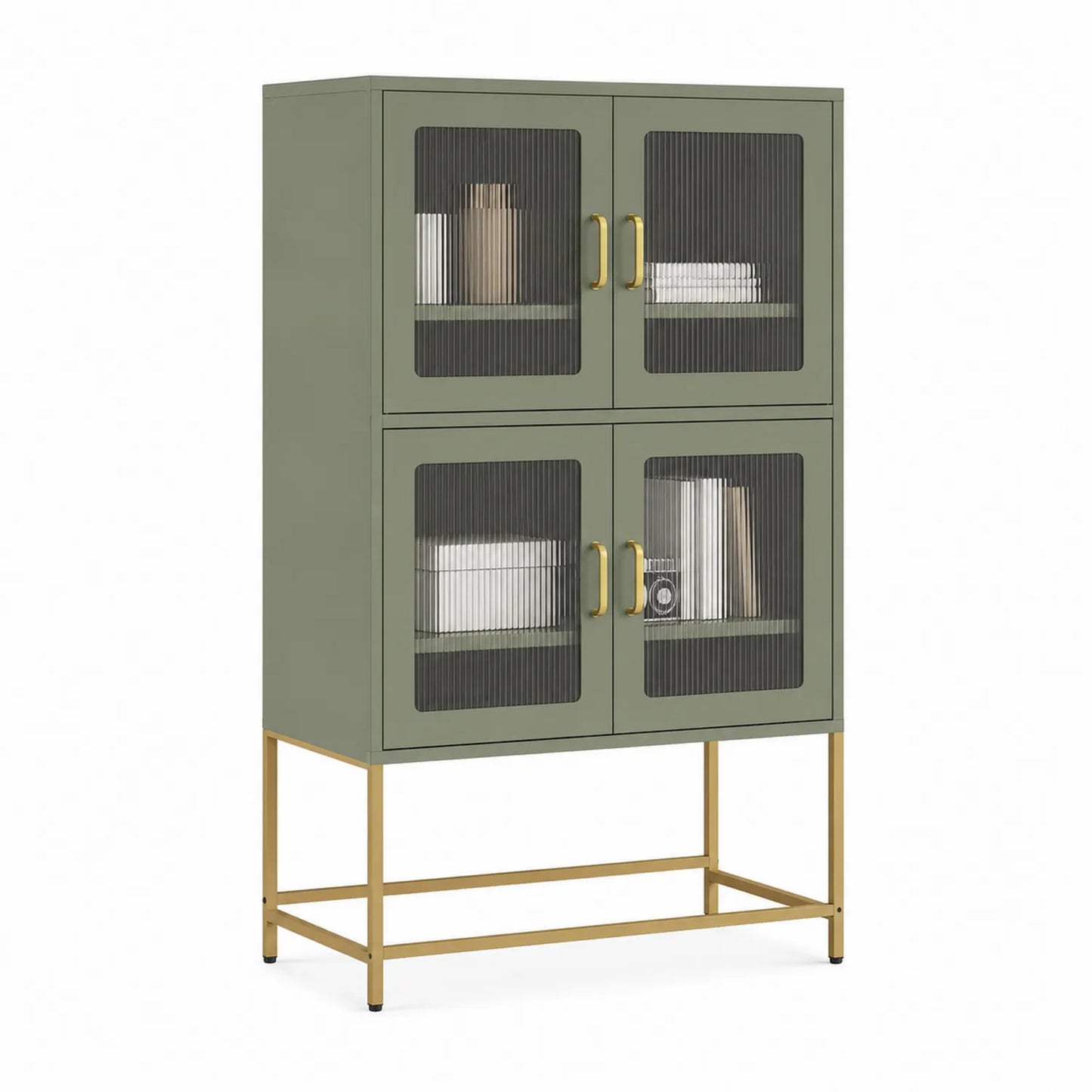4-türiges Sideboard aus Holz mit Glas- und Metallakzenten in Olivgrün und Gold