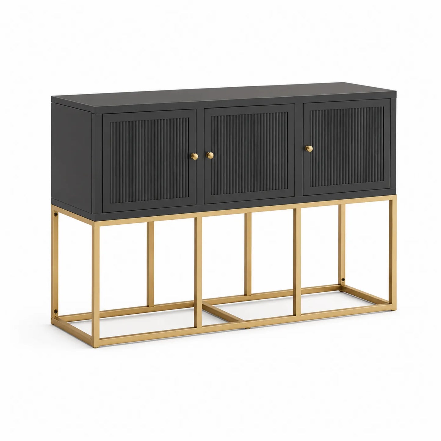 Sideboard mit drei Türen, schwarzes MDF, goldener Stahlrahmen