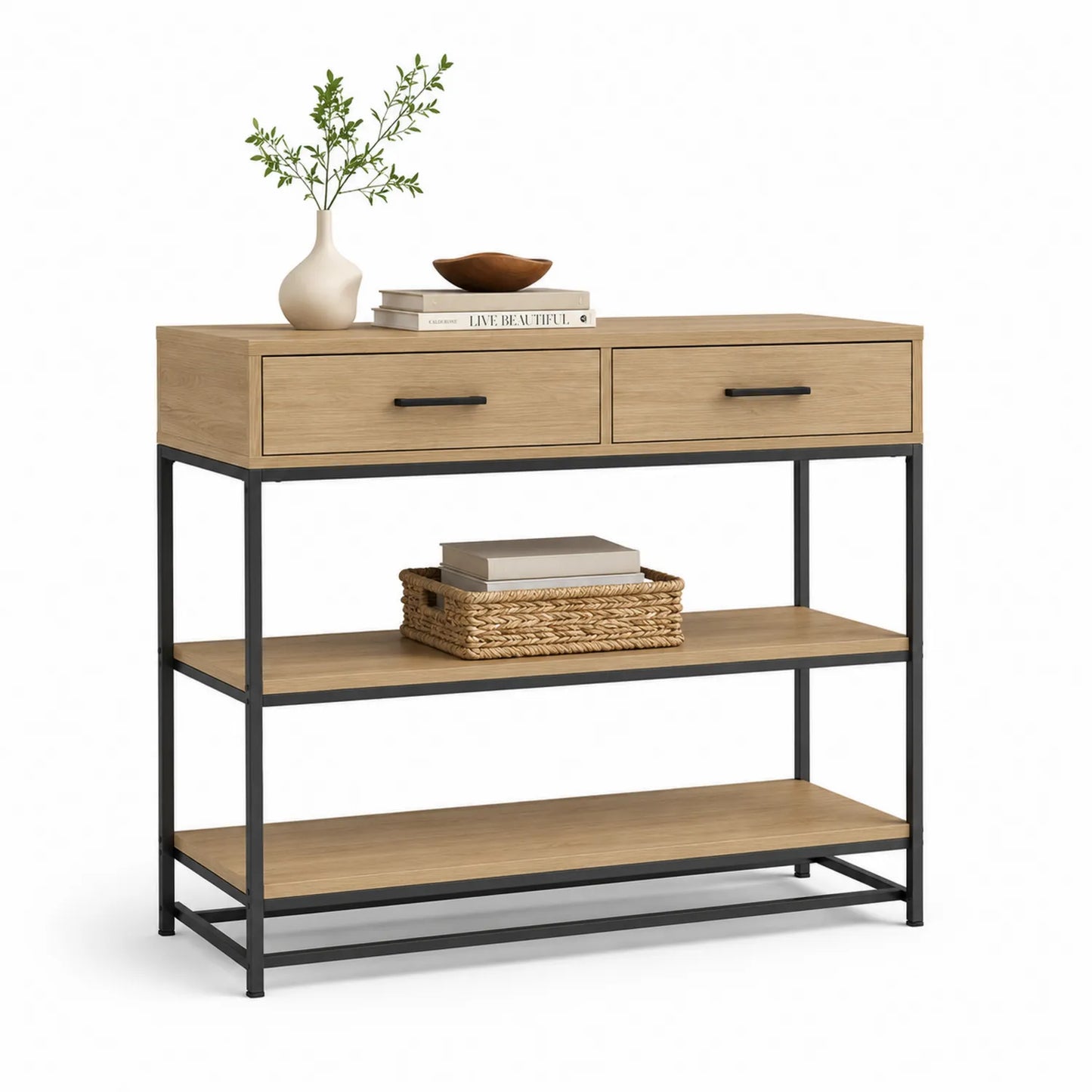 Holz-Metall-Konsolentisch mit 2 Schubladen