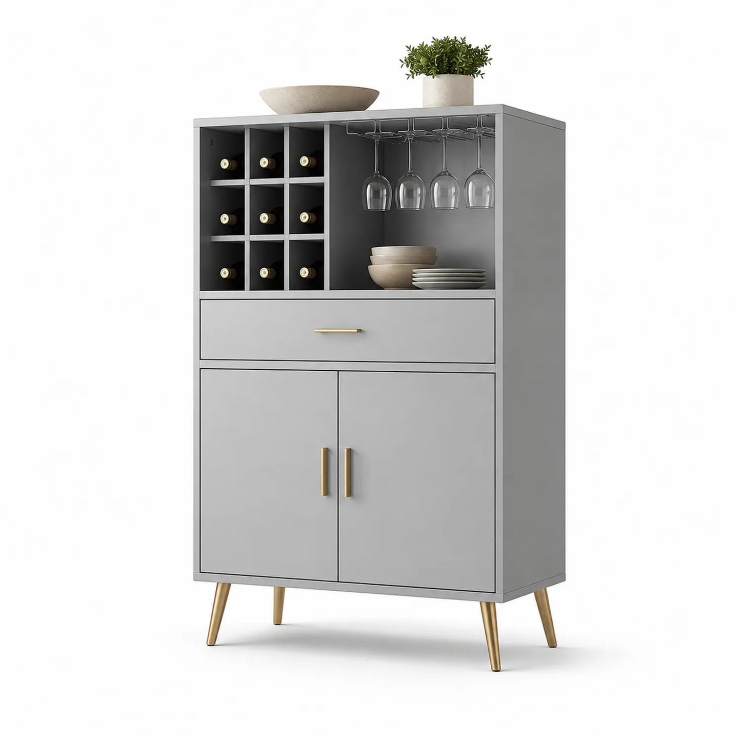 Graues MDF Sideboard mit Weinregal und Gläserhalterung, Metallakzente, 100x40x180 cm
