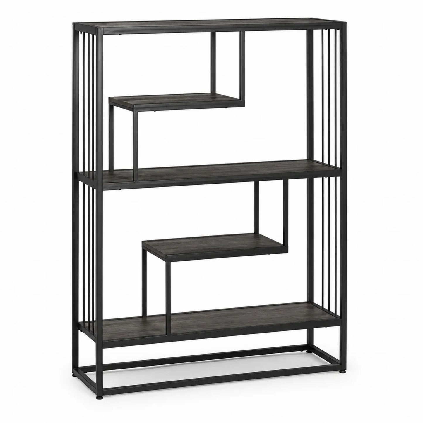 Metallregal mit Holzoberfläche, schwarz, 4 Ebenen, 150 cm