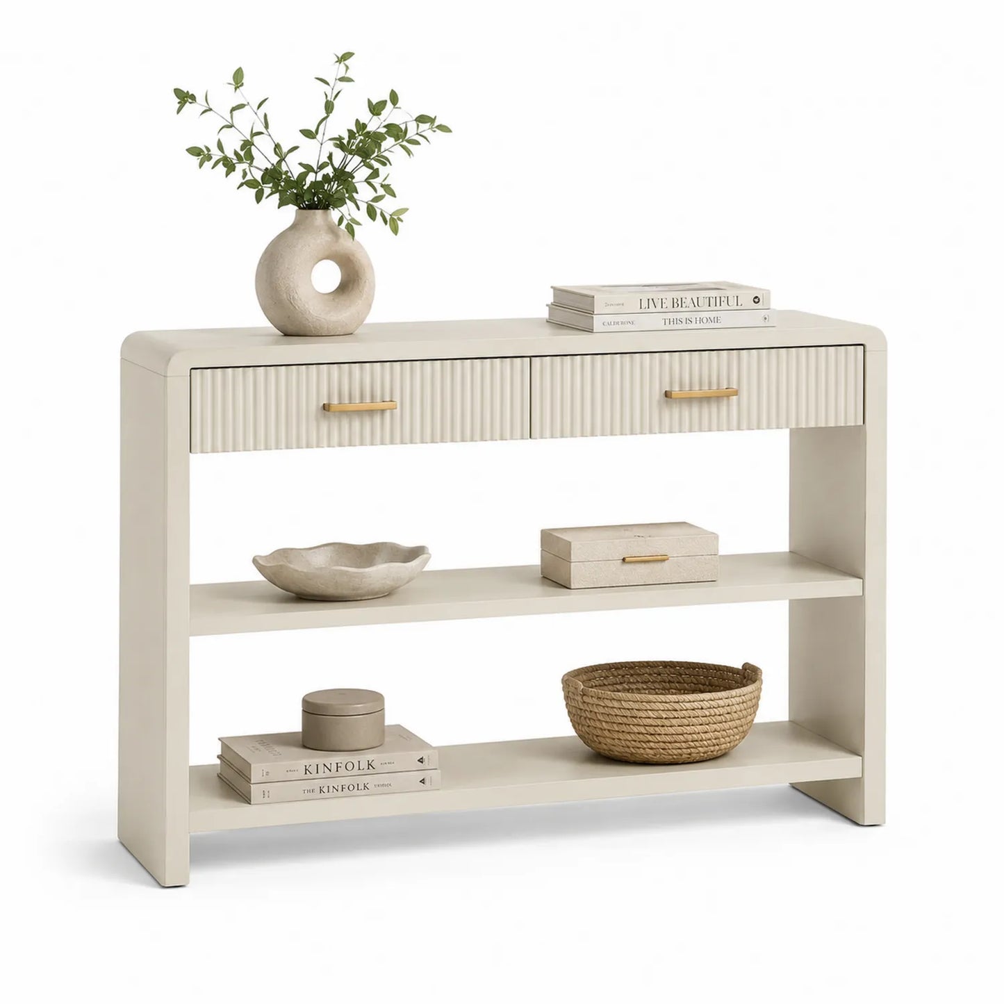 MDF Konsolentisch mit 2 Schubladen und 2 Ablagen in Beige