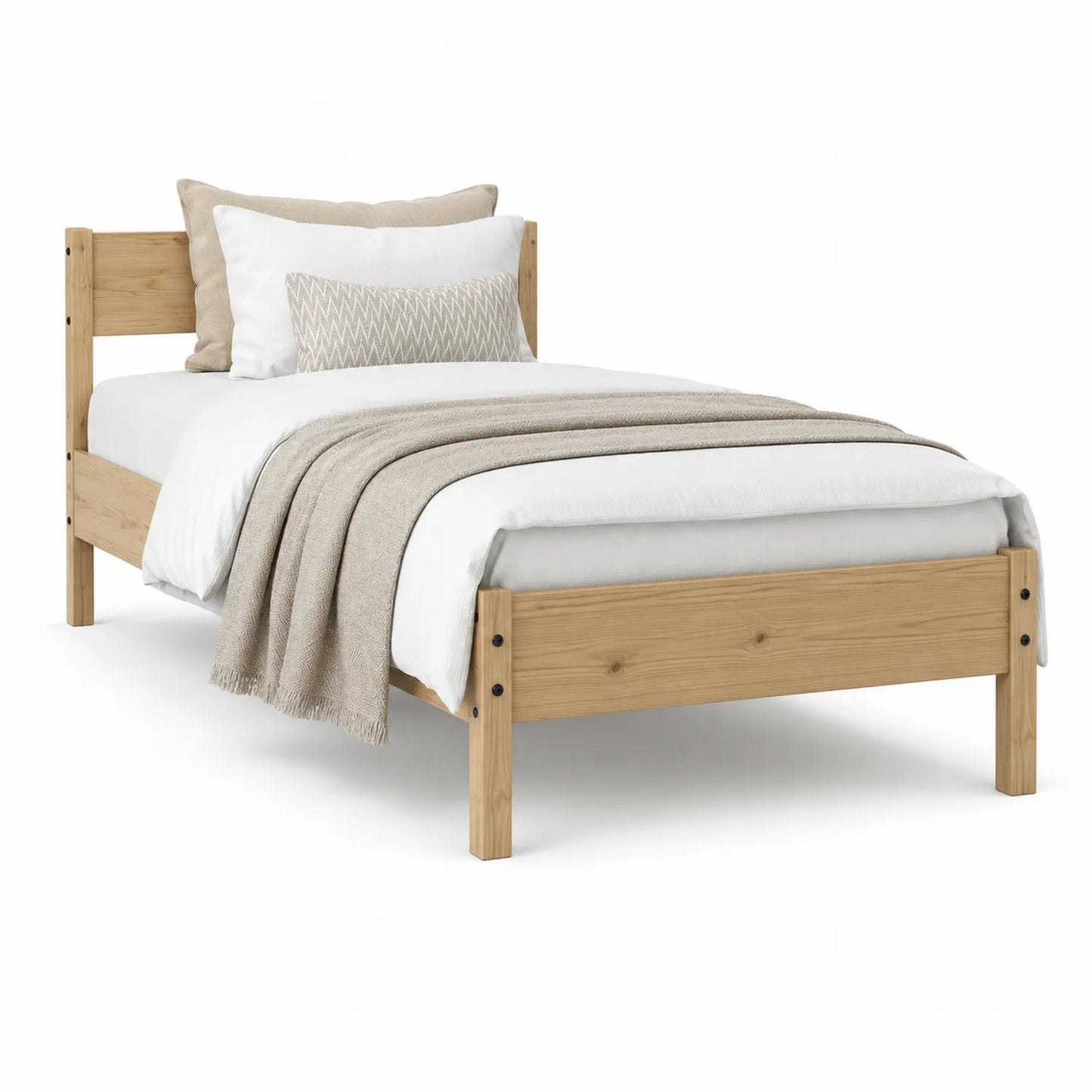 Einzelbett aus Kiefernholz mit Matratze und Kissen, 200x100cm, Natur