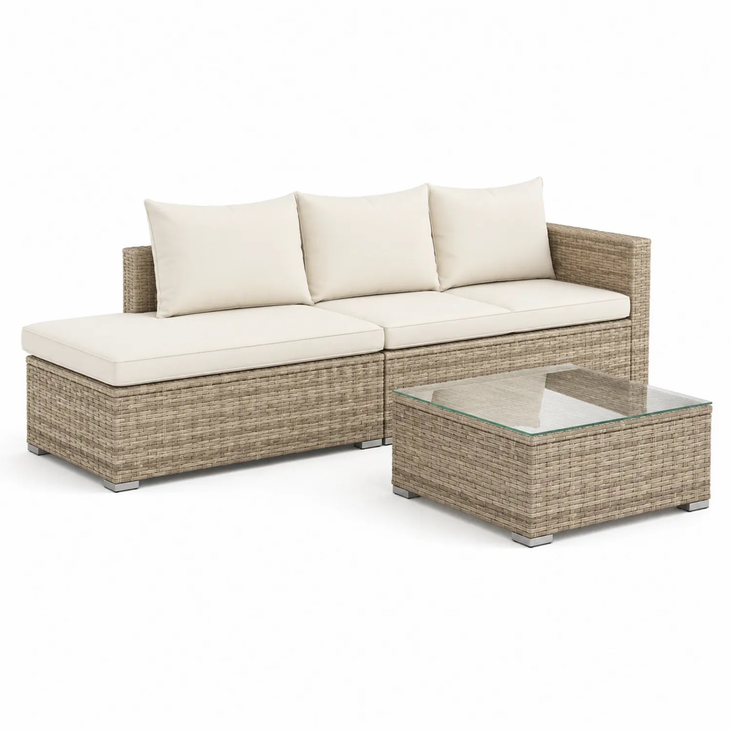 Polyrattan Gartensofa Set mit Kaffeetisch Cremeweiß