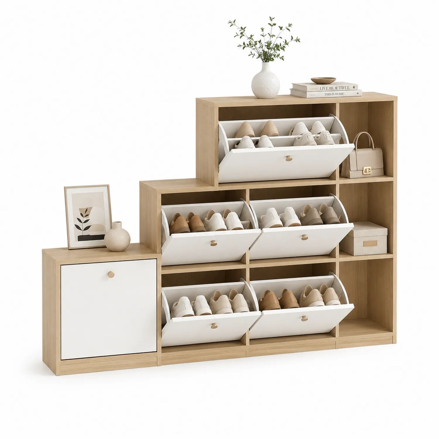 Schuhkipper Set aus MDF und Melaminbeschichtung, Weiß und Holzoptik, 5 Klappen