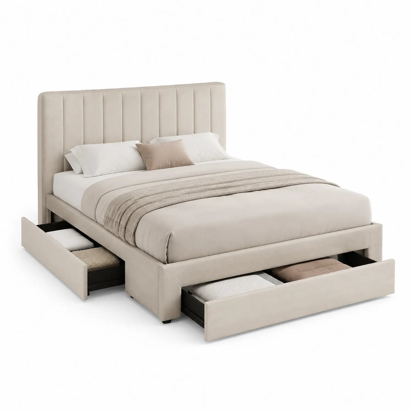 Stauraumbett King Size Mikrofaser Beige mit Schubladen 200x180 cm