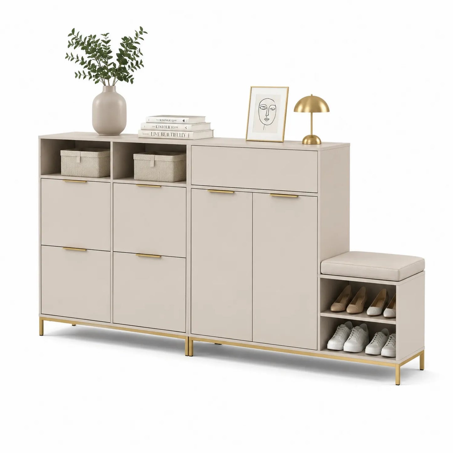 Schuhschrank-Set mit Sitzbank Beige MDF und Metall 150x120x40cm