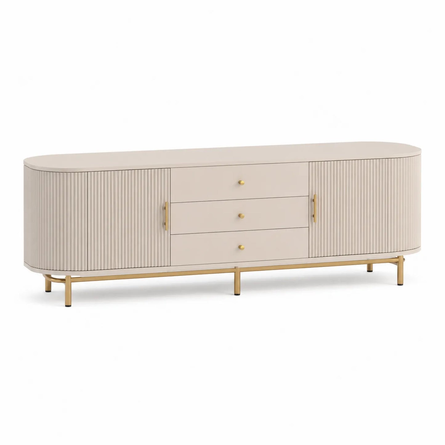 Elliptisches TV-Möbel mit 2 Türen und 3 Schubladen, Holz, Metallbeine, 150 x 45 x 60 cm, Creme und Gold