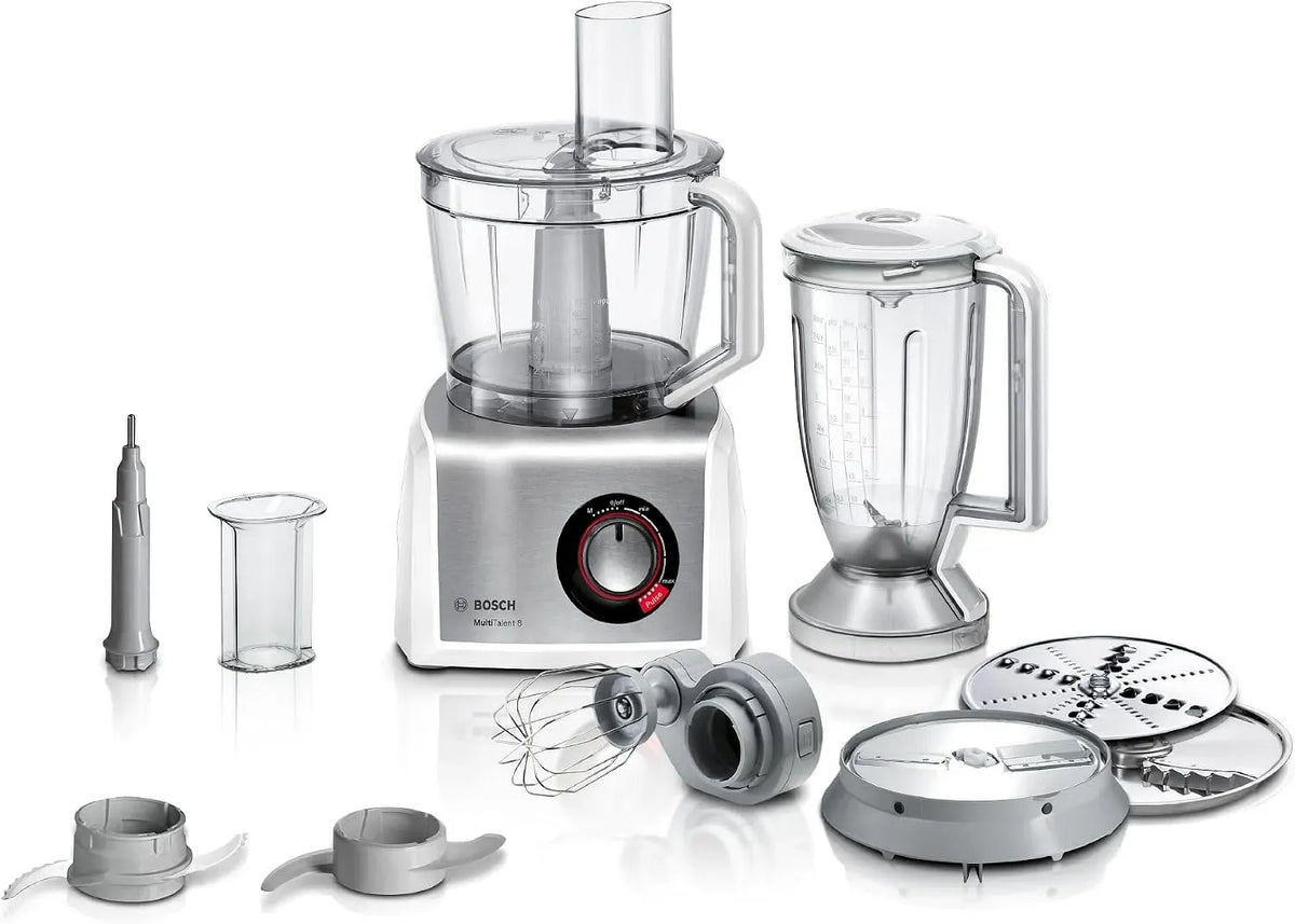 Bosch MC812S814 Küchenmaschine, 3,9 L, 1250 W, Edelstahl, Weiß, 45 Funktionen, XXL-Rührschüssel 3,9 L, Mixer 1,5 L