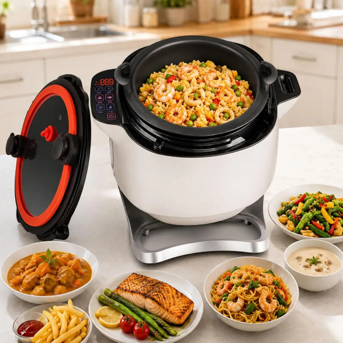 Küchenmaschine 6-Liter-Wok, 2000 W, Antihaftbeschichtung, 360°-Drehfunktion, Leicht Zu Reinigende Antihaftbeschichtung