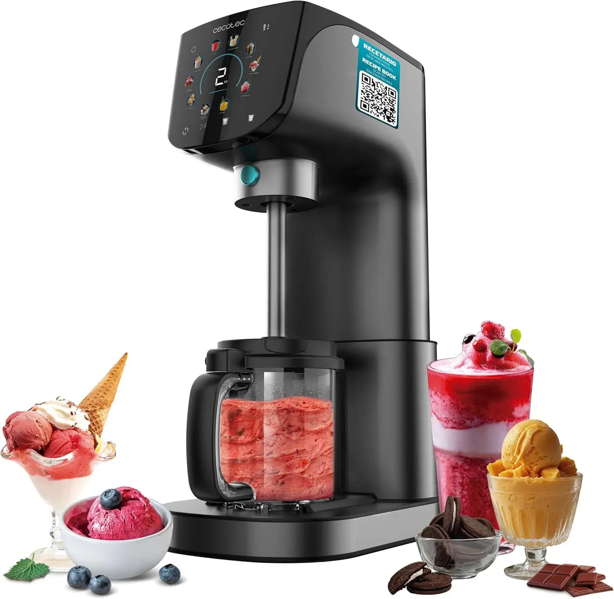 Cecotec Multifunktions-Eismaschine, Speiseeismaschine, 2,1 L, 500 W, 11 Programme, Touch-Bedienung, für Eis und Granitgetränke