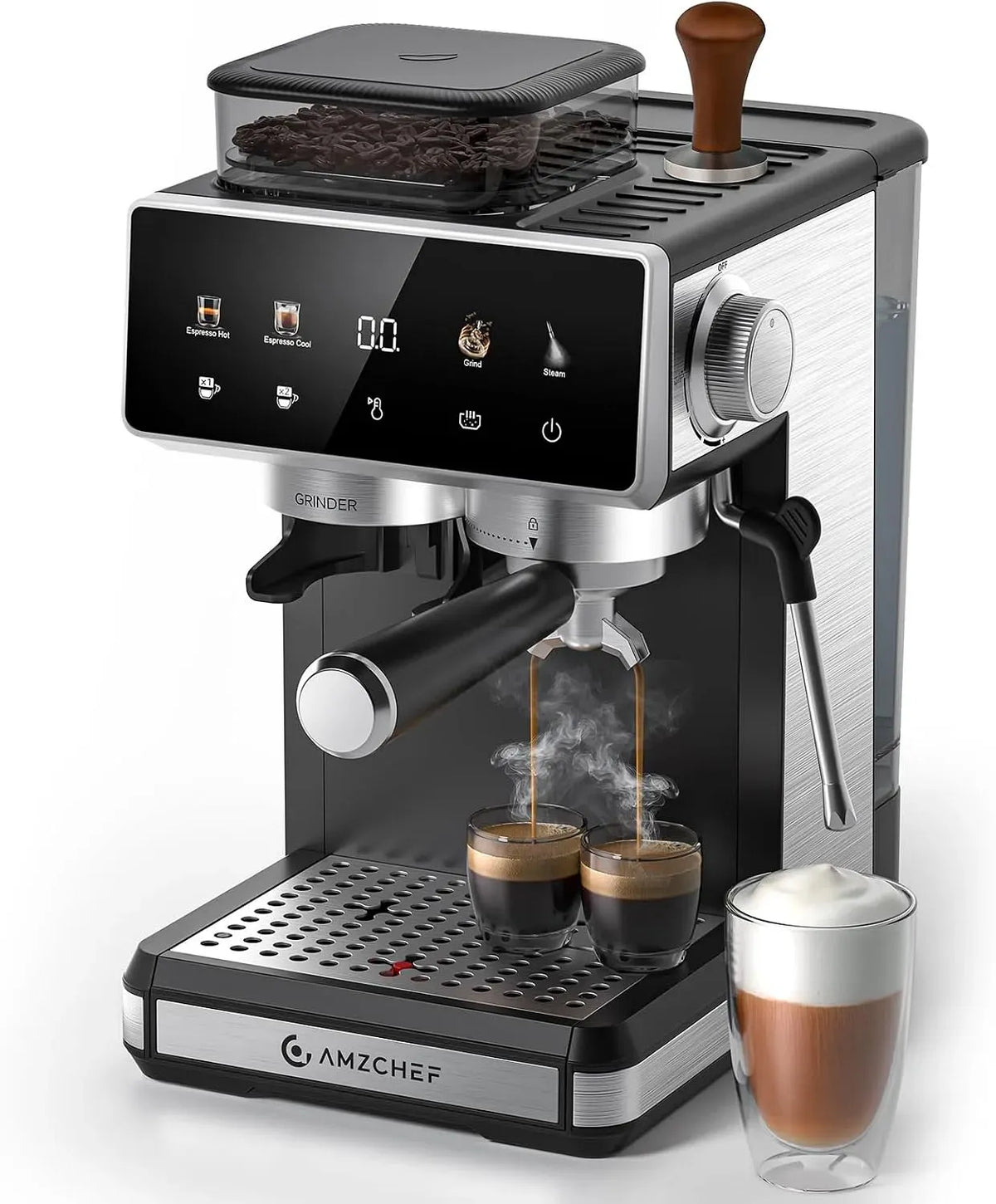 Milchaufschäumer, Milchschäumer, AMZCHEF, Touch-Bedienung, 2 Temperaturzonen, Touchscreen Display, 20 Mahlgrade, 3 Temperaturstufen