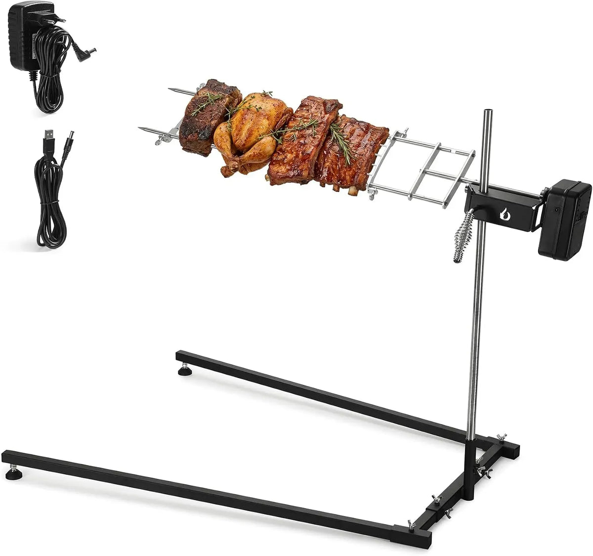 3-Fach Spanferkelgrill, Spießgrill, Motor, Edelstahl, Holz, für Feuerstelle