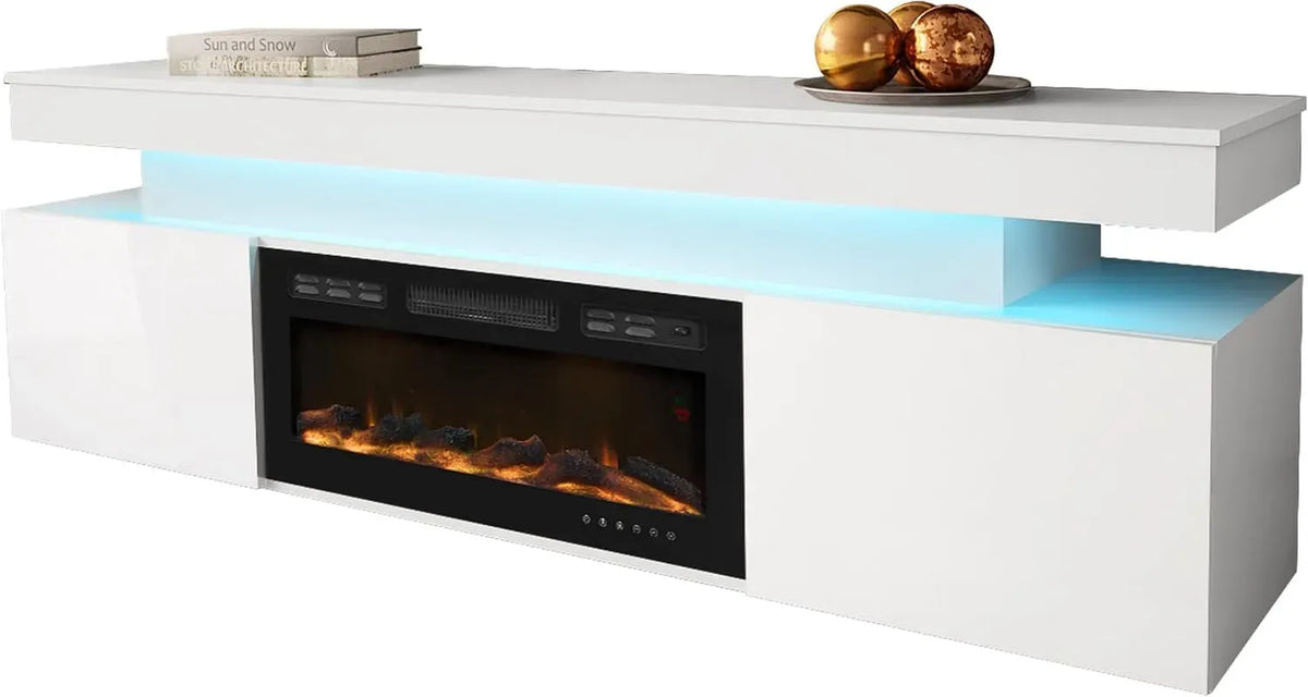 Smart TV EF 2D Mirjan24, Fernseher, Weiß, elektrischer Kamin, Mirjan24 TV-Lowboard Serkuzo EF 2D mit Elektrokamin Weiß Hochglanz