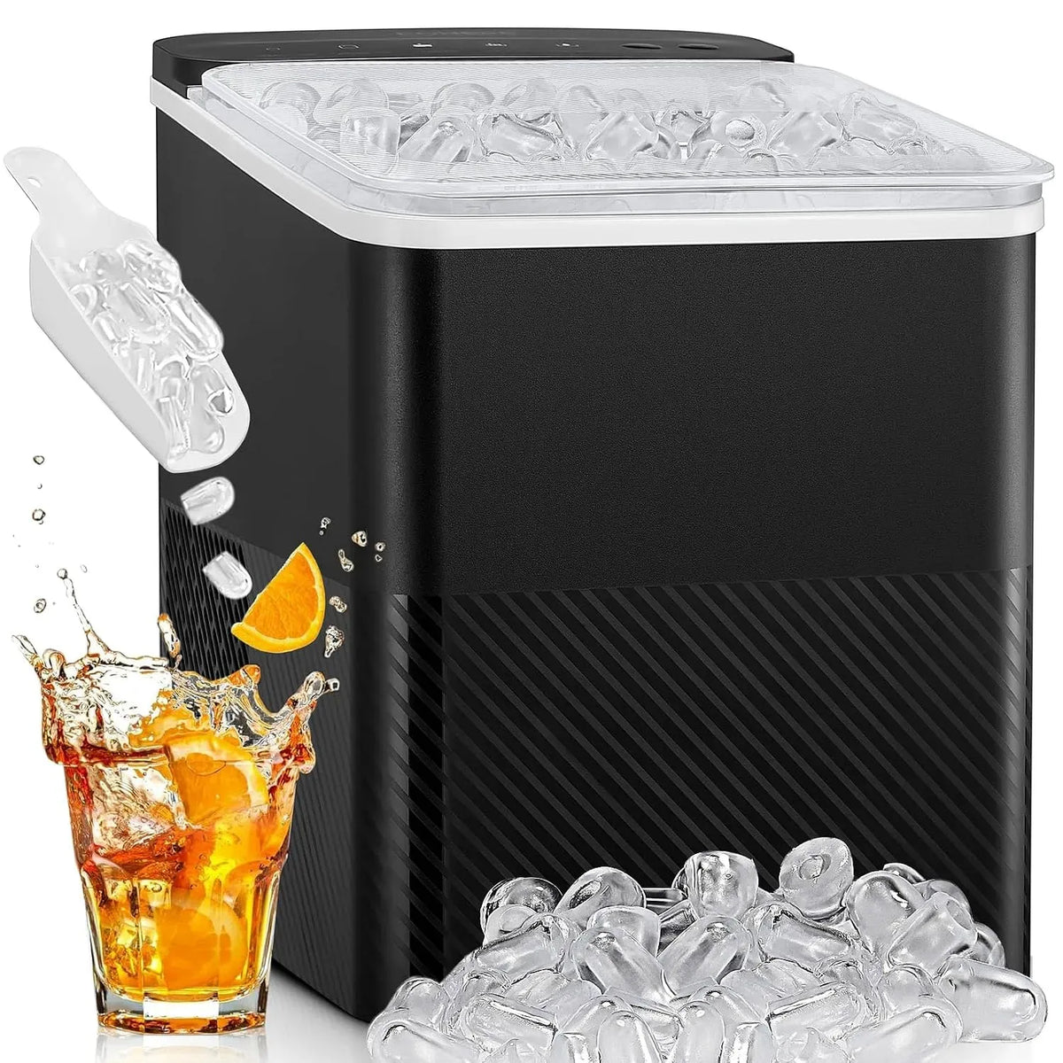 Eiswürfelmaschine, Schwarz, Eiswürfelbereiter 9 Würfel in 5 Minuten fertig, 14 KG in 24 Stunden, 2 Eiswürfel Größen für Küche, Bar und Party
