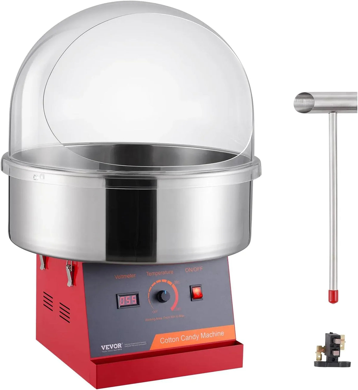 VEVOR Zuckerwattemaschine, Abdeckung, Zuckerwatteautomat, 1 kW, gewerblich, Edelstahl, Rot, für Kindergeburtstage zu Hause
