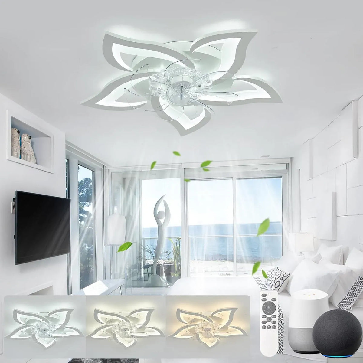 Google Ventilator, 65cm, Timer, leise, Google Assistant, Alexa und Siri, Weiß