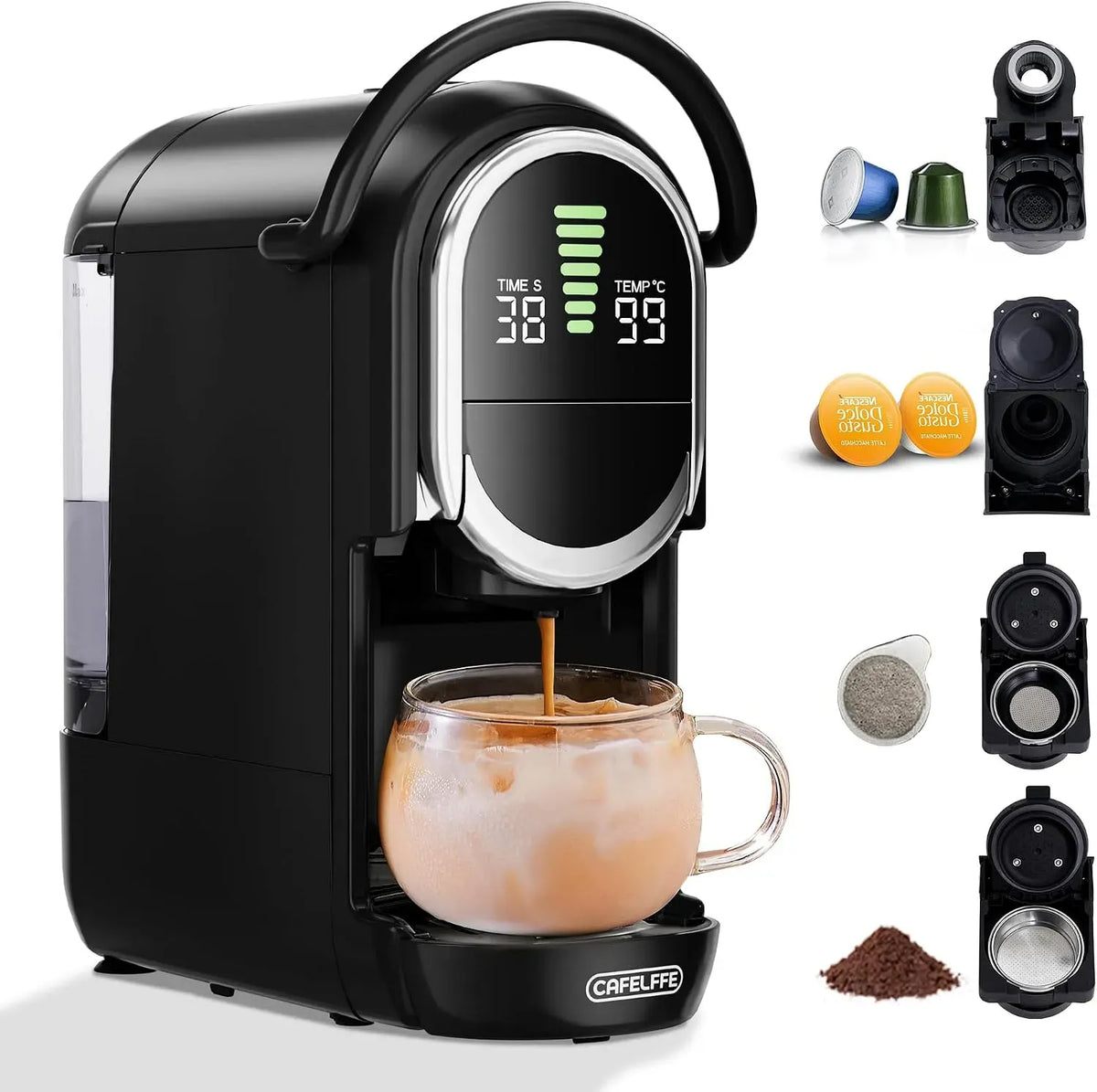 Espressomaschine, CAFELFFE MK-609S, 4 in 1 Kapselmaschine mit 19 bar Druck, 7 einstellbare Stufen, NES Original/DG/ESE/Ground