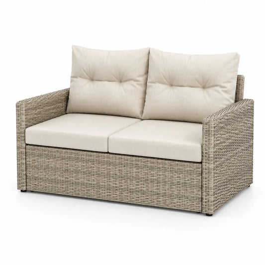 Polyrattan-Zweisitzer-Sofa mit Polyesterkissen, Beige