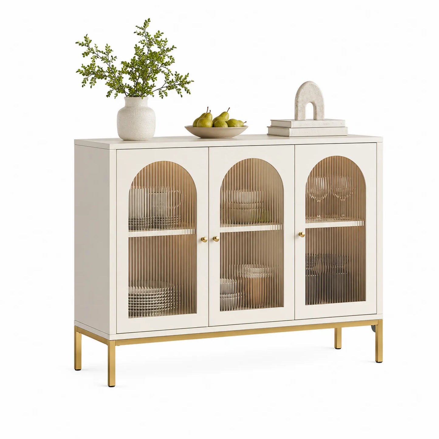 Esszimmersideboard mit geriffeltem Glas und Metallbeinen Weiß