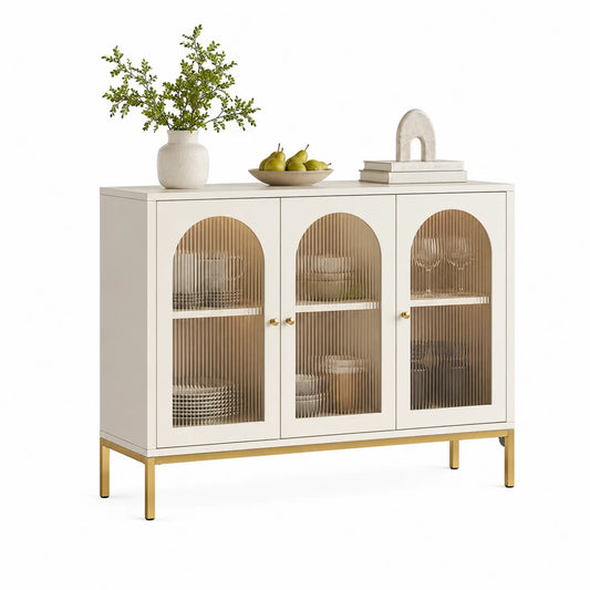 Esszimmersideboard mit geriffeltem Glas und Metallbeinen Weiß