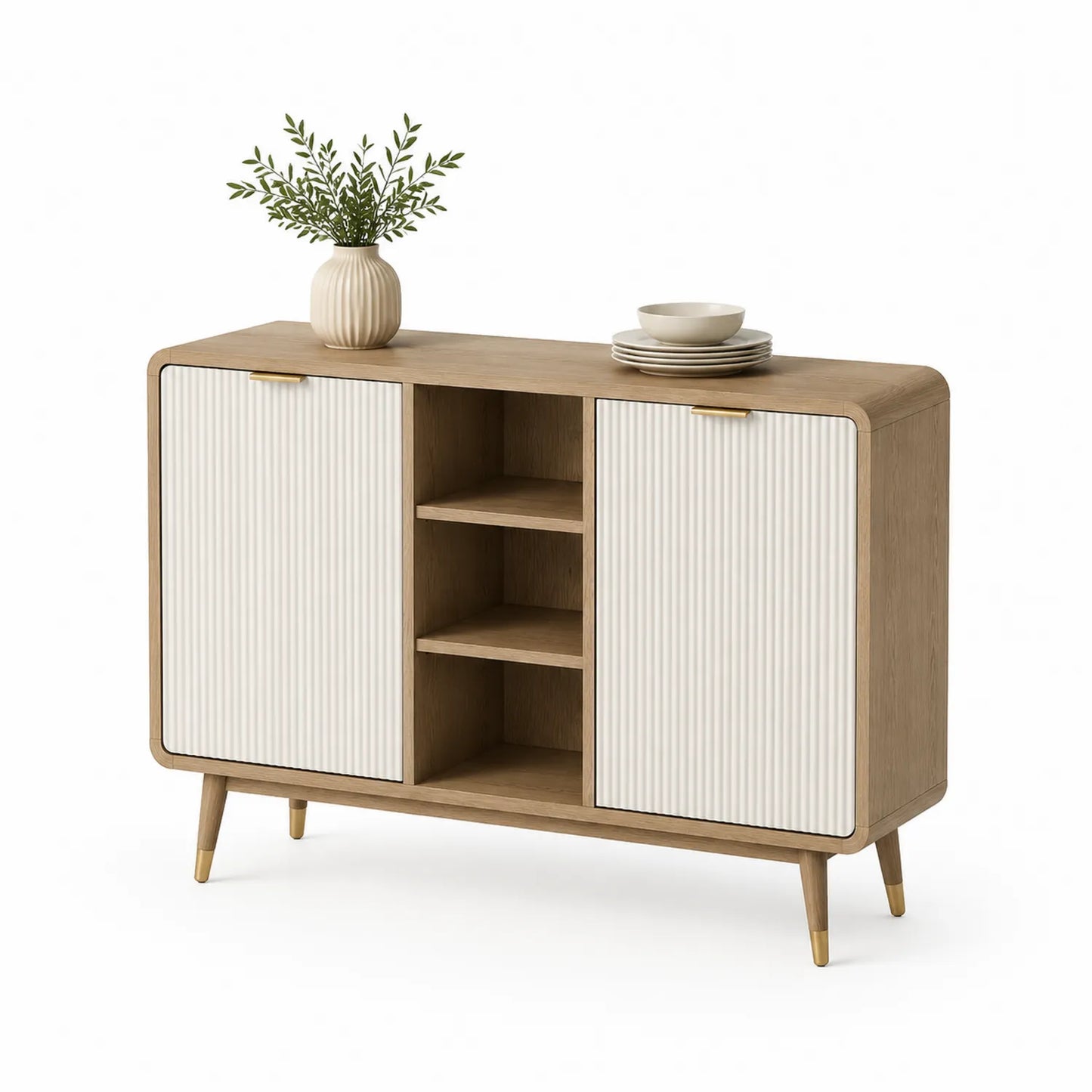 Sideboard mit zwei Türen und offenen Regalen 120x40x80cm Eichenfurnier und Weiß