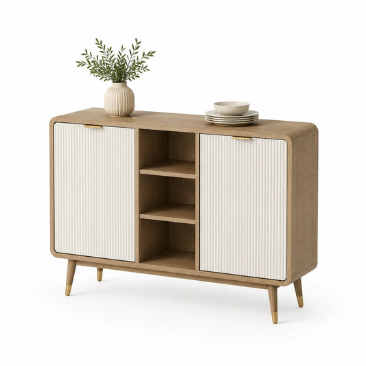 Sideboard mit zwei Türen und offenen Regalen 120x40x80cm Eichenfurnier und Weiß