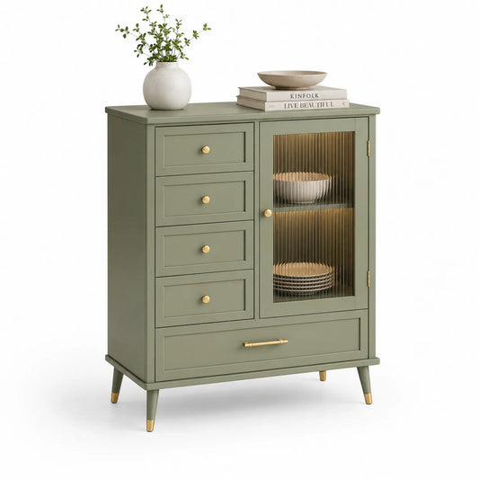 Grünes Holz-Sideboard mit Schubladen und Glastür