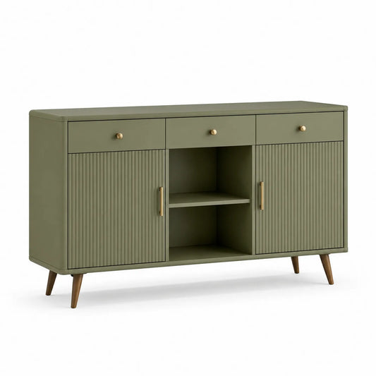 Holz Sideboard mit 3 Schubladen und 2 Türen, Olivgrün, 150x40x80cm