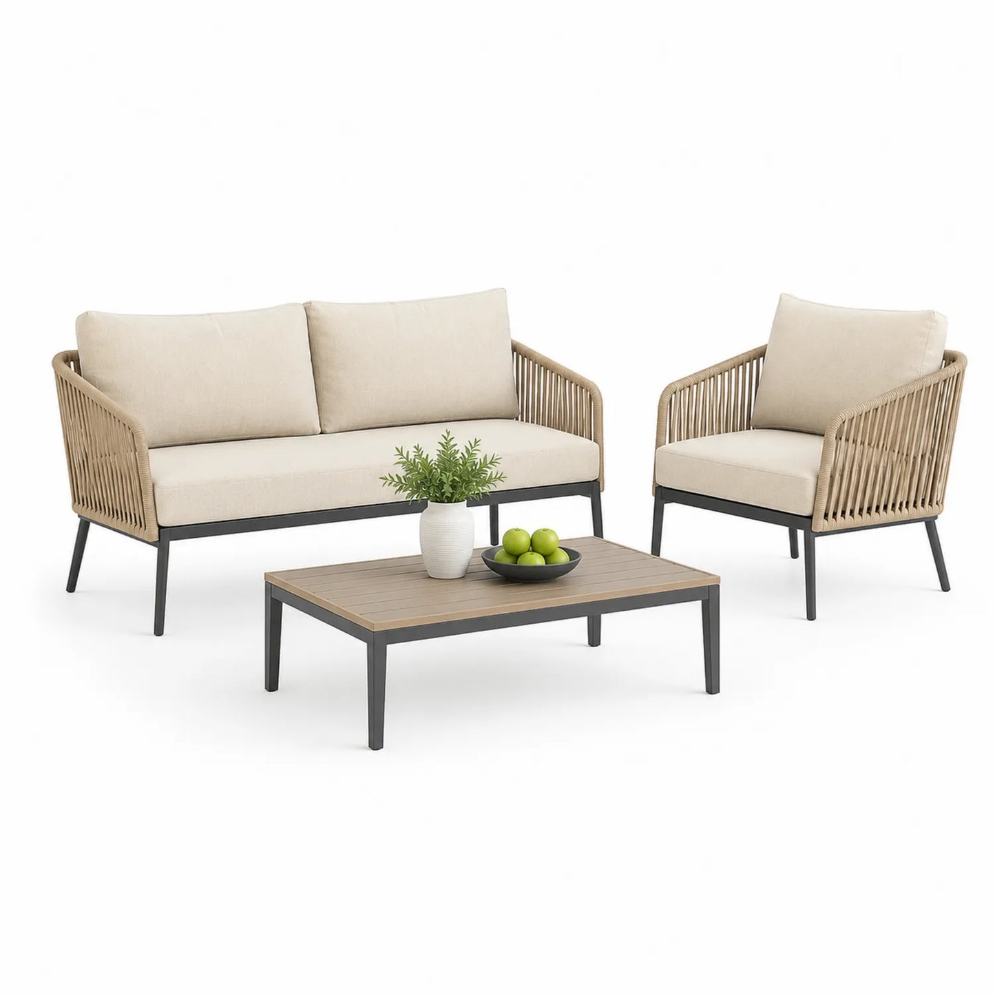 Gartenmöbel Set Aluminium Sofa Stuhl Tisch Beige Polyester Rattan