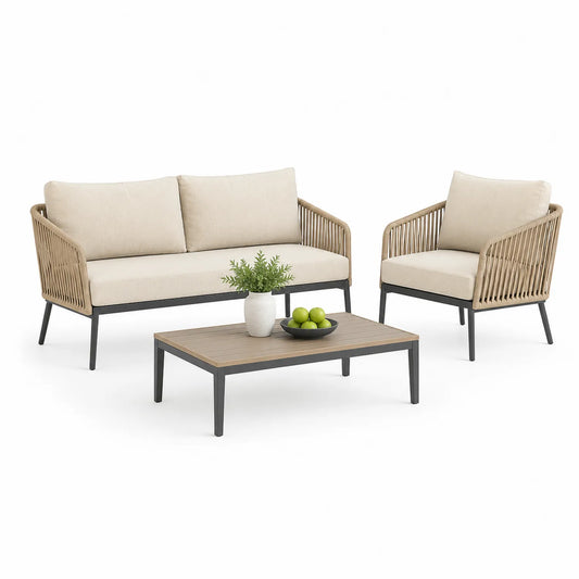 Gartenmöbel Set Aluminium Sofa Stuhl Tisch Beige Polyester Rattan