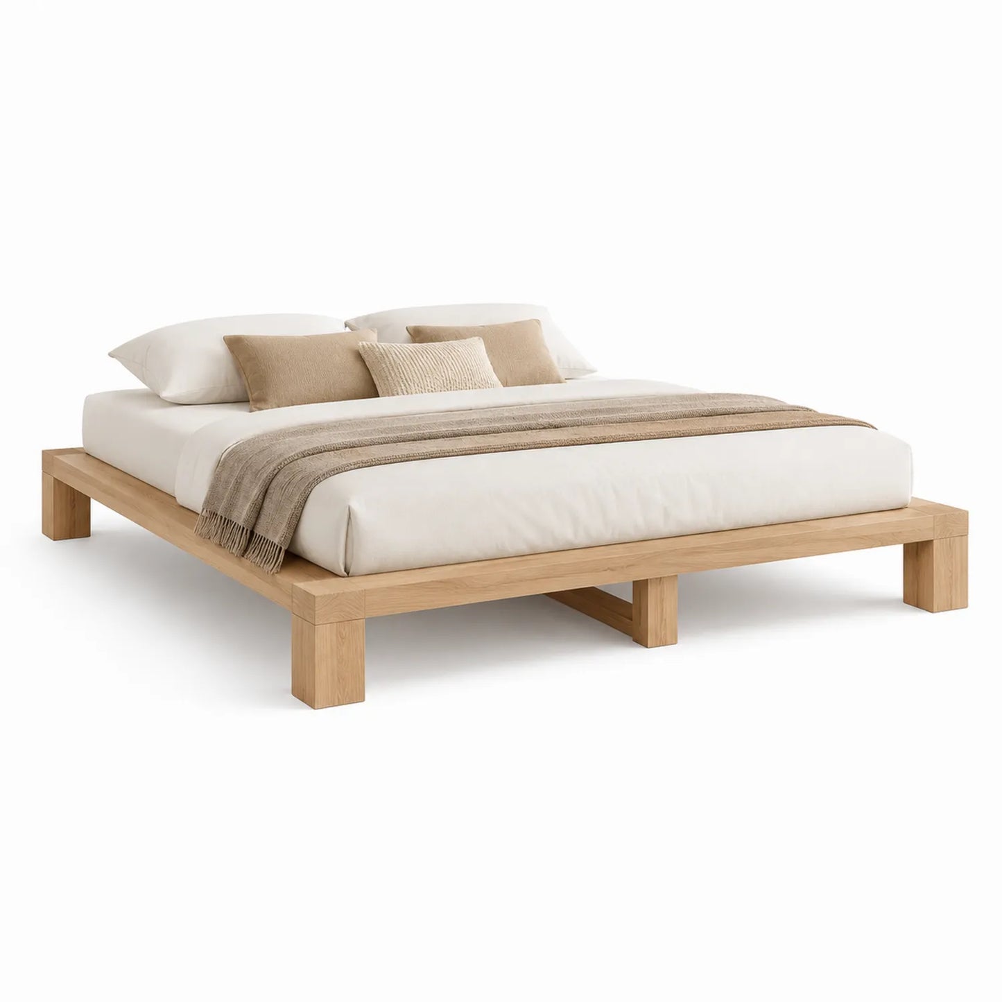 Holzbett mit Matratze und Kissen aus Eichenholz 200x180 cm Natur