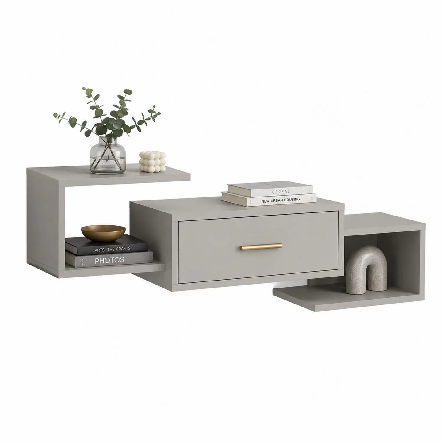 Graue MDF-Wandkonsole mit Schublade und Regalfächer