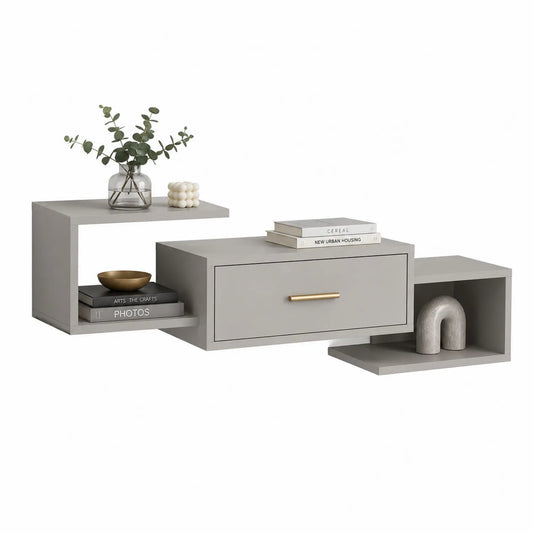 Graue MDF-Wandkonsole mit Schublade und Regalfächer