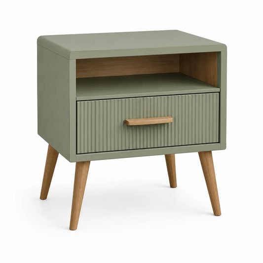 Holz Nachttisch mit Schublade und Fach aus MDF in Grün und Eiche