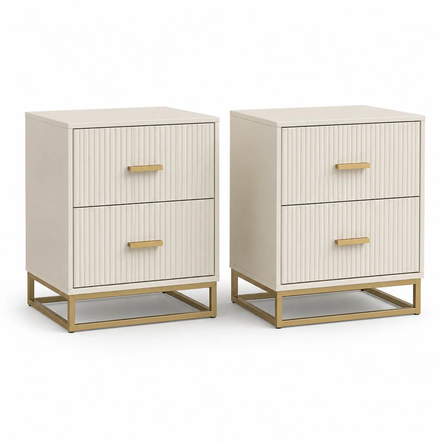 2er-Set Nachttische aus Holz und Metall mit 2 Schubladen in Beige und Gold