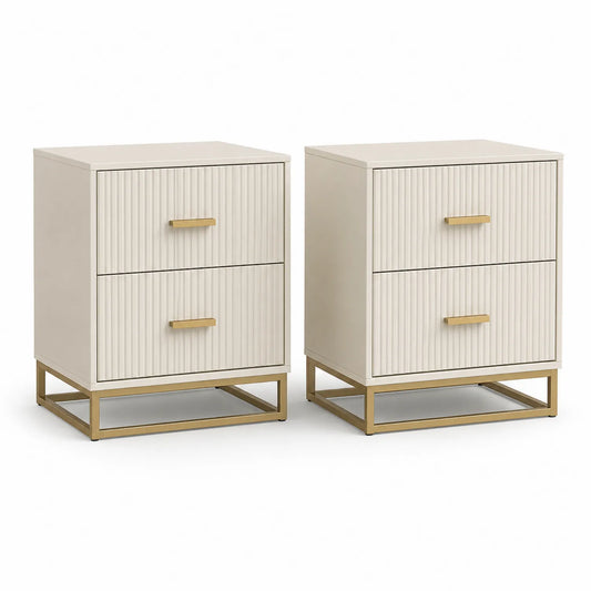 2er-Set Nachttische aus Holz und Metall mit 2 Schubladen in Beige und Gold