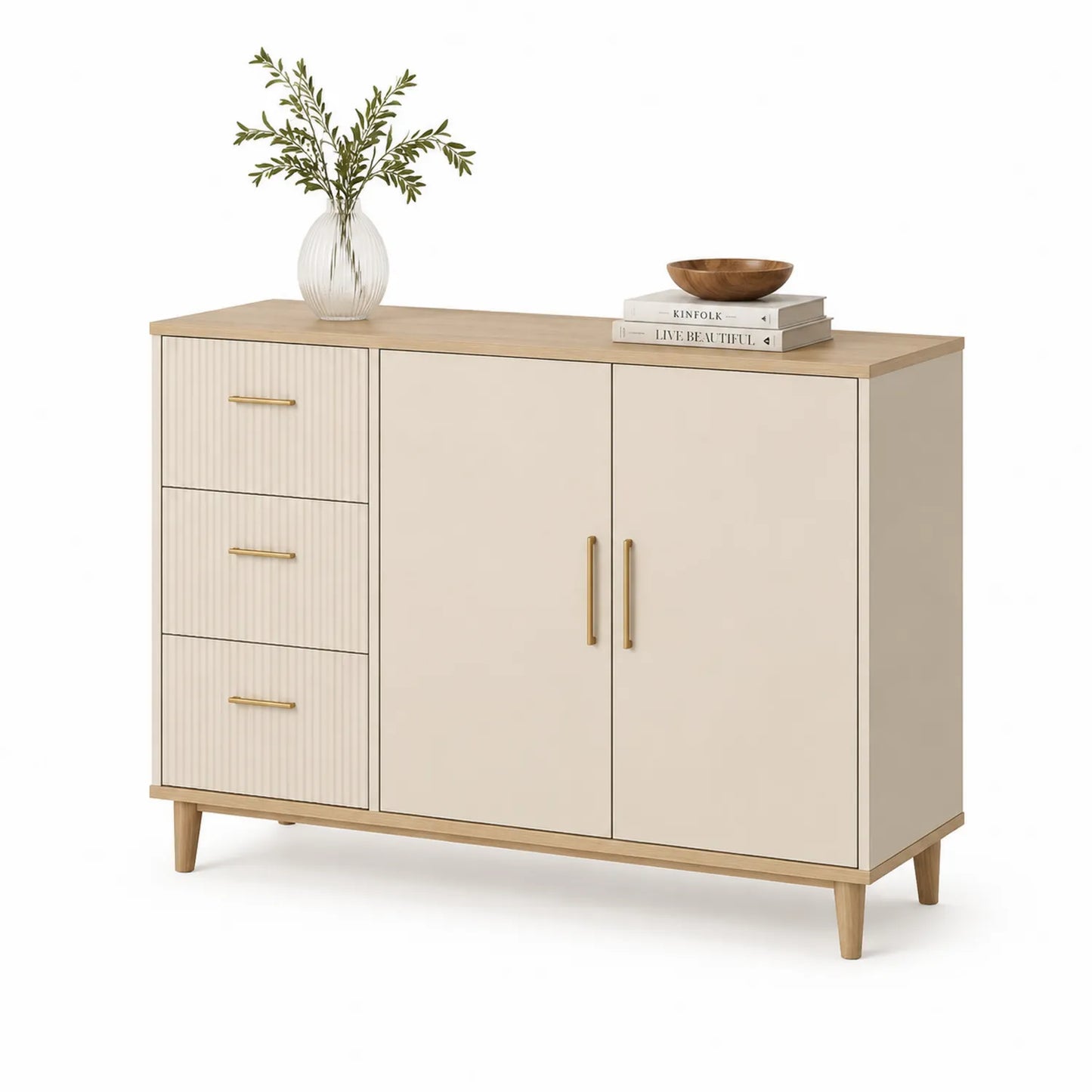 Holz Sideboard mit 2 Türen und 3 Schubladen Beige