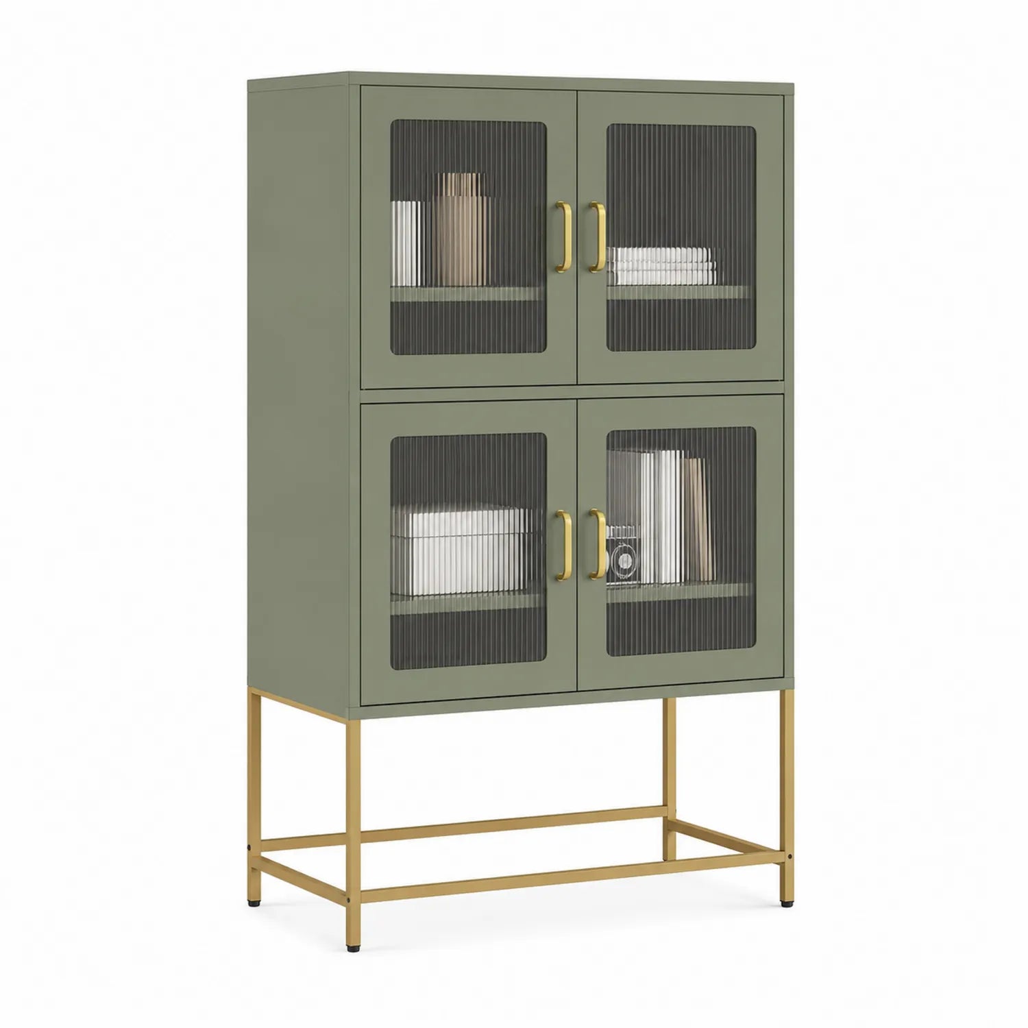 4-türiges Sideboard aus Holz mit Glas- und Metallakzenten in Olivgrün und Gold