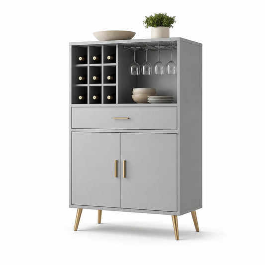 Graues MDF Sideboard mit Weinregal und Gläserhalterung, Metallakzente, 100x40x180 cm