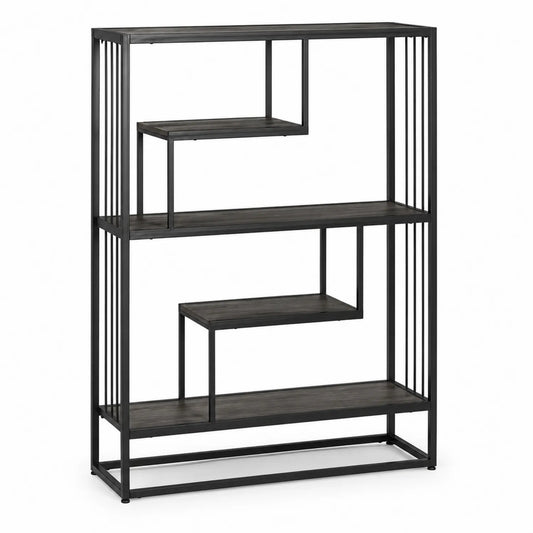 Metallregal mit Holzoberfläche, schwarz, 4 Ebenen, 150 cm