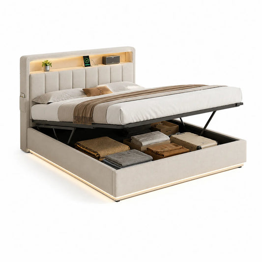 Stoffbezug Stauraumbett mit Hydraulikhebesystem 200x160 cm Beige