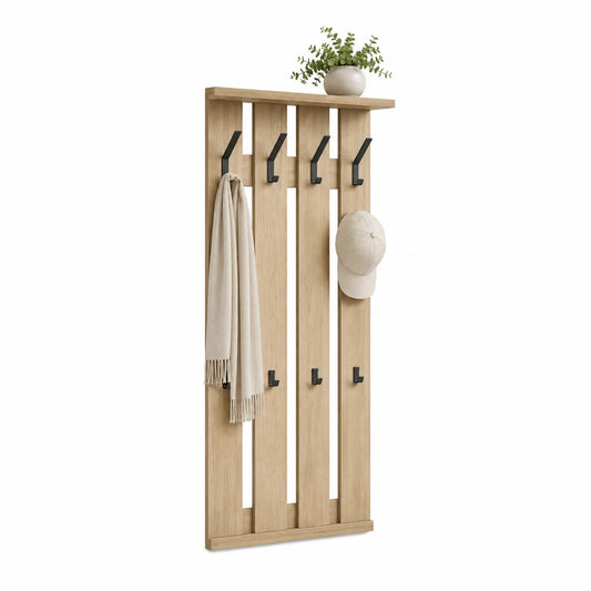 Wandgarderobe aus Eichenholz mit 5 schwarzen Metallhaken