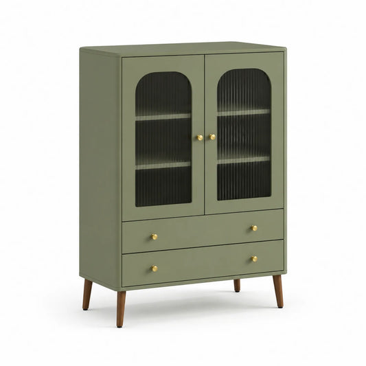Grünes Sideboard mit geriffeltem Glas und Schubladen